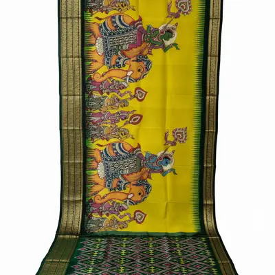 Pochampally Ikkat Pattu Yellow Kalamkari Saree with Elephant and Deity Motifs