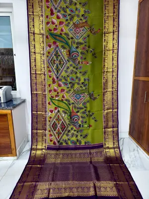 Pure Kanchipuram Silk Kalamkari Hand-Painted Saree