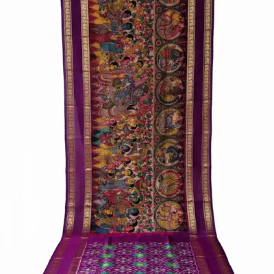 Pochampally Ikkat Pattu Kalamkari Saree with Traditional Motifs