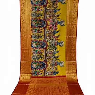 Pure Kanchipuram Silk Vibrant Yellow Kalamkari Saree with Traditional Motifs