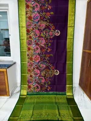 Pure Kanchipuram Silk Kalamkari Hand-Painted Saree