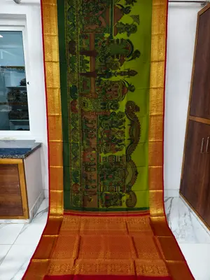 Pure Kanchipuram Silk Kalamkari Hand-Painted Saree