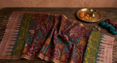 Tussar Silk Kalamkari Hand-Painted Floral Dhuppatta