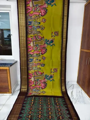 Pure Ikkat Silk Kalamkari Hand-Painted Saree