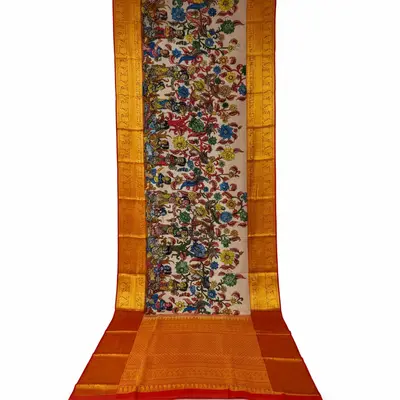 Pure Kanchipuram Silk Hand-Painted Kalamkari Saree with Mythological Figures