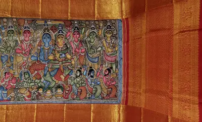 Pure Kanchipuram Silk Kalamkari Hand-Painted Saree