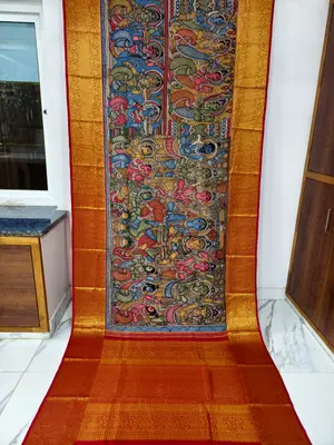 Pure Kanchipuram Silk Kalamkari Hand-Painted Saree