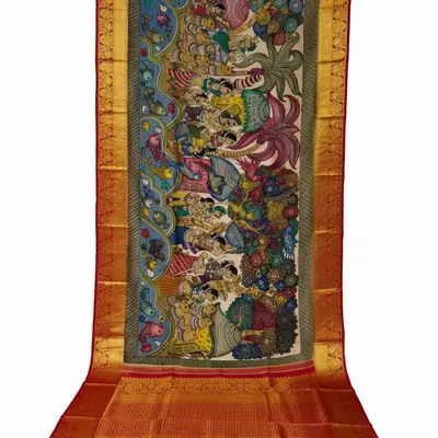 Pure Kanchipuram Silk Kalamkari Hand-Painted Red Saree with Mythological Scenes