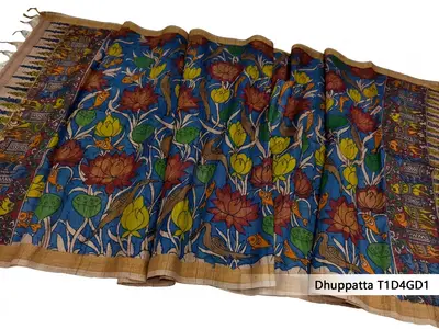 Tussar Silk Kalamkari Dhuppatta with Aquatic and Avian Motifs