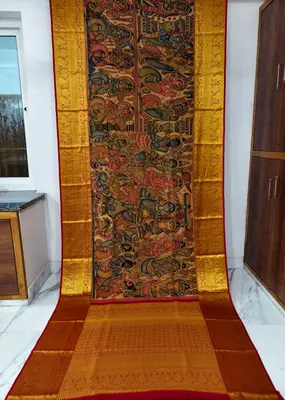 Pure Kanchipuram Silk Kalamkari Hand-Painted Saree