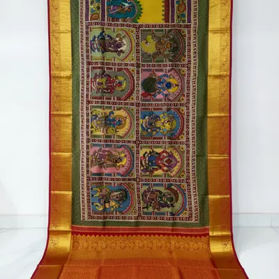 Pure Kanchipuram Silk Kalamkari Saree with Dasavatharam Motifs