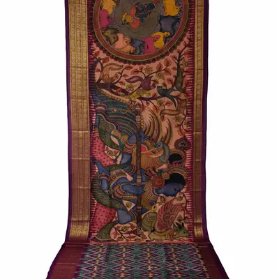 Pochampally Ikkat Pattu Kalamkari Saree with Krishna Leela and Peacock Motifs