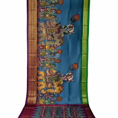 Pochampally Ikkat Pattu Kalamkari Elephant Procession Saree