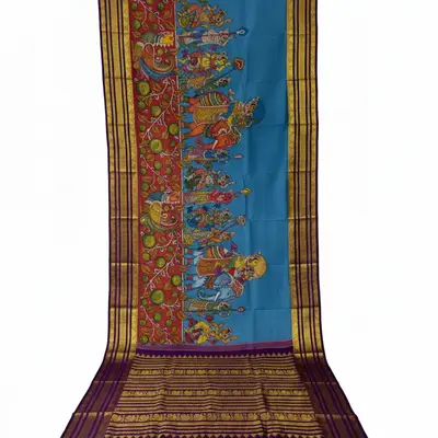 Pure Kanchipuram Silk Kalamkari Saree with Elephant and Deity Motifs