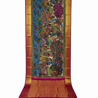 Pure Kanchipuram Silk Hand-Painted Kalamkari Saree with Mythological Scenes