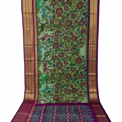 Pochampally Ikkat Pattu Kalamkari Silk Saree with Peacock and Floral Motifs
