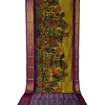 Pochampally Ikkat Pattu Kalamkari Hand-Painted Saree with Ikat Border