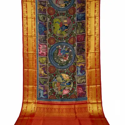 Pure Kanchipuram Silk Kalamkari Hand-Painted Red Silk Saree with Krishna Motifs