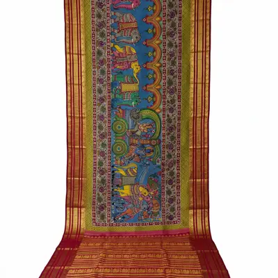 Pure Kanchipuram Silk Kalamkari Saree with Elephant and Deity Motifs