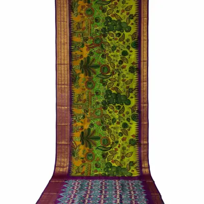 Pochampally Ikkat Pattu Kalamkari Hand-Painted Silk Saree with Ikat Border