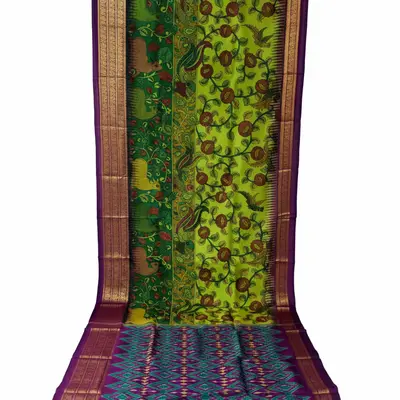 Pochampally Ikkat Pattu Kalamkari Hand-Painted Silk Saree with Ikat Border