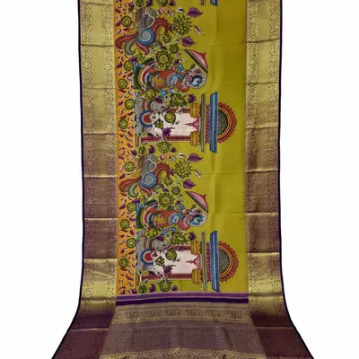 Pure Kanchipuram Silk Kalamkari Hand-Painted Saree with Krishna and Gopis