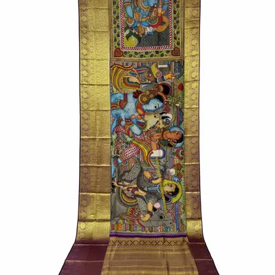 Pure Kanchipuram Silk Kalamkari Saree with Divine Depictions