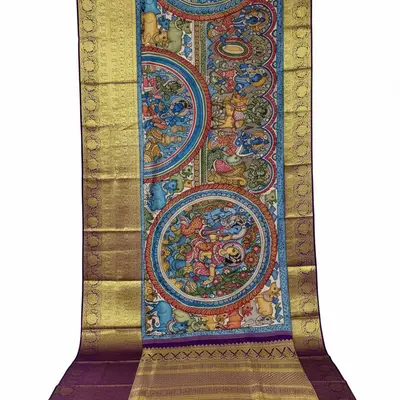 Pure Kanchipuram Silk Kalamkari Hand-Painted Pattu Saree with Krishna Leela Motif