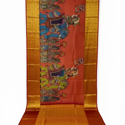 Pure Kanchipuram Silk Kalamkari Saree with Elephant and Deity Motif