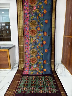 Pure Ikkat Silk Kalamkari Hand-Painted Saree