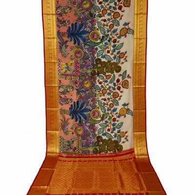 Pure Kanchipuram Silk Kalamkari Saree with Hand-Painted Floral and Mythological Motifs