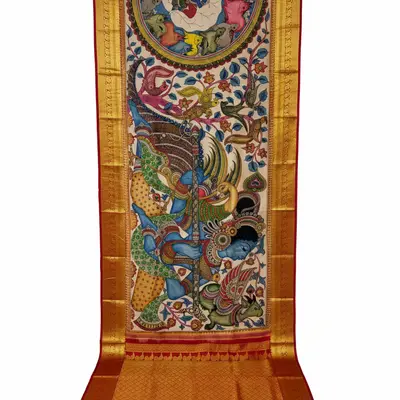 Pure Kanchipuram Silk Kalamkari Saree with Tree of Life and Deity Motifs