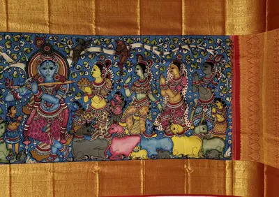 Pure Kanchipuram Silk Kalamkari Hand-Painted Saree