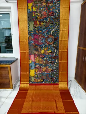 Pure Kanchipuram Silk Kalamkari Hand-Painted Saree