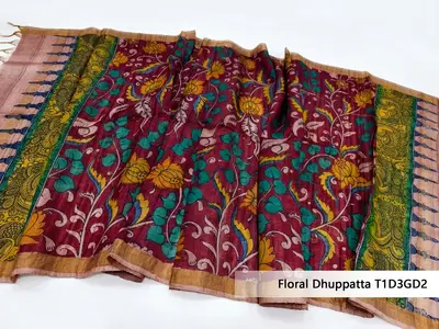 Tussar Silk Kalamkari Hand-Painted Floral Dhuppatta