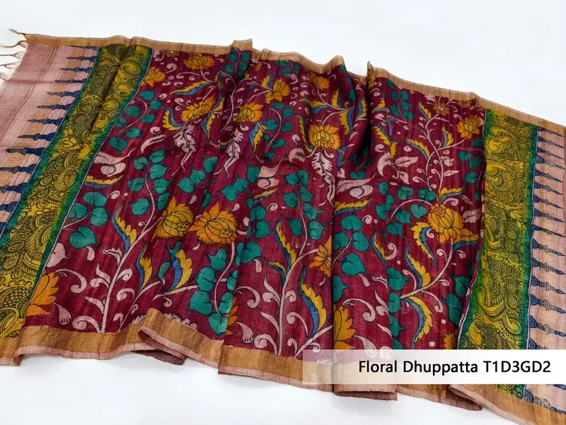 Tussar Silk Kalamkari Hand-Painted Floral Dhuppatta