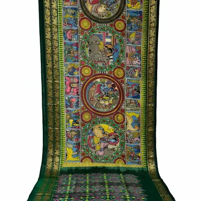 Pochampally Ikkat Pattu Kalamkari Hand-Painted Silk Saree with Krishna Leela Motifs