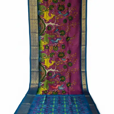 Pochampally Ikkat Pattu Kalamkari Hand-Painted Saree with Tree of Life and Animal Motifs