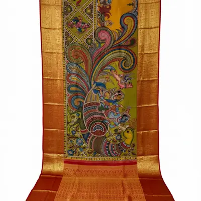 Pure Kanchipuram Silk Kalamkari Saree with Mythological Scenes