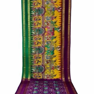 Pochampally Ikkat Pattu Kalamkari Hand-Painted Silk Saree with Mythological Motifs
