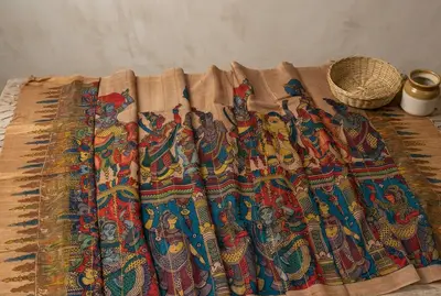 Tussar Silk Kalamkari Hand Painted Dhuppatta with Traditional Figures