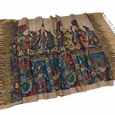 Tussar Silk Kalamkari Hand Painted Dhuppatta with Traditional Figures