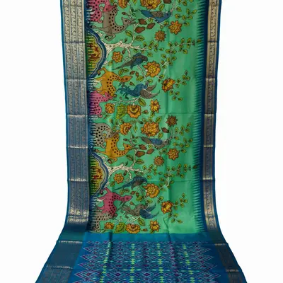 Pochampally Ikkat Pattu Kalamkari Saree with Tree of Life and Ikat Border