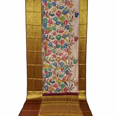 Pure Kanchipuram Silk Kalamkari Hand-Painted Saree with Floral Design