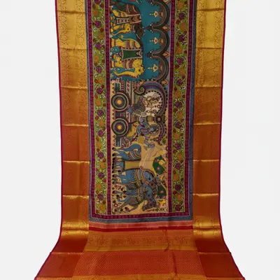 Pure Kanchipuram Silk Kalamkari Hand-Painted Red Saree with Mythological Motifs