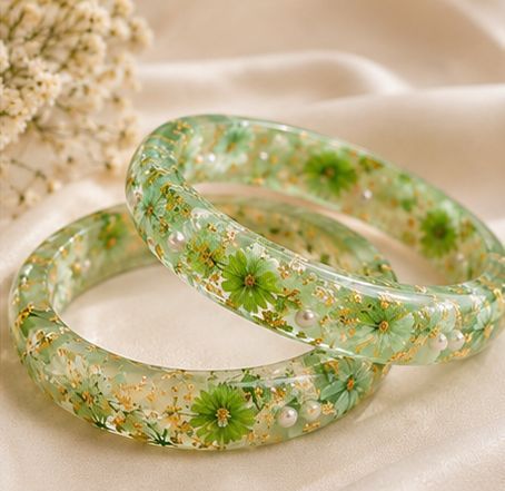 Handmade Green Floral Resin Bangles Set of 2 | Dried Flower & Gold Flakes Bangles for Women