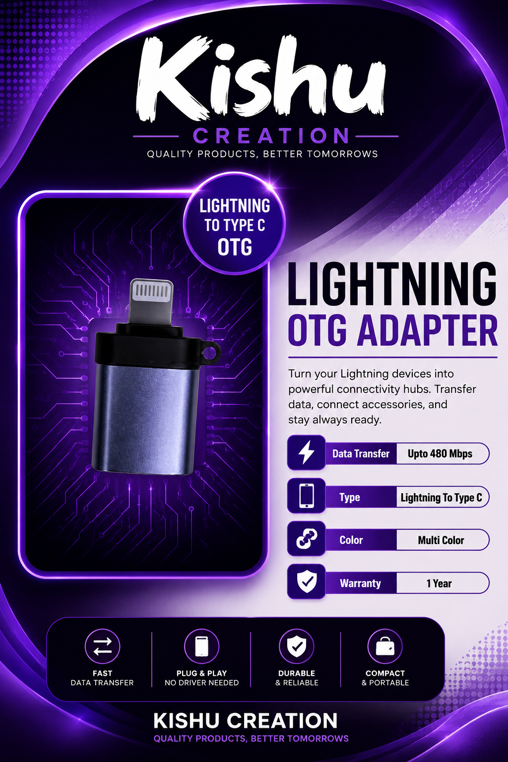 PACK OF-( 2 )Lightning OTG Adapter – Lightning to Type-C | Fast Data Transfer | Kishu Creation