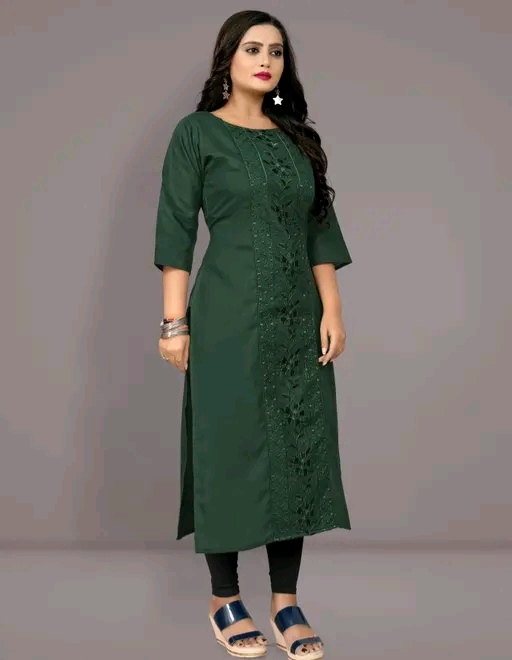 Women's Dark Green Embroidered Straight Kurti