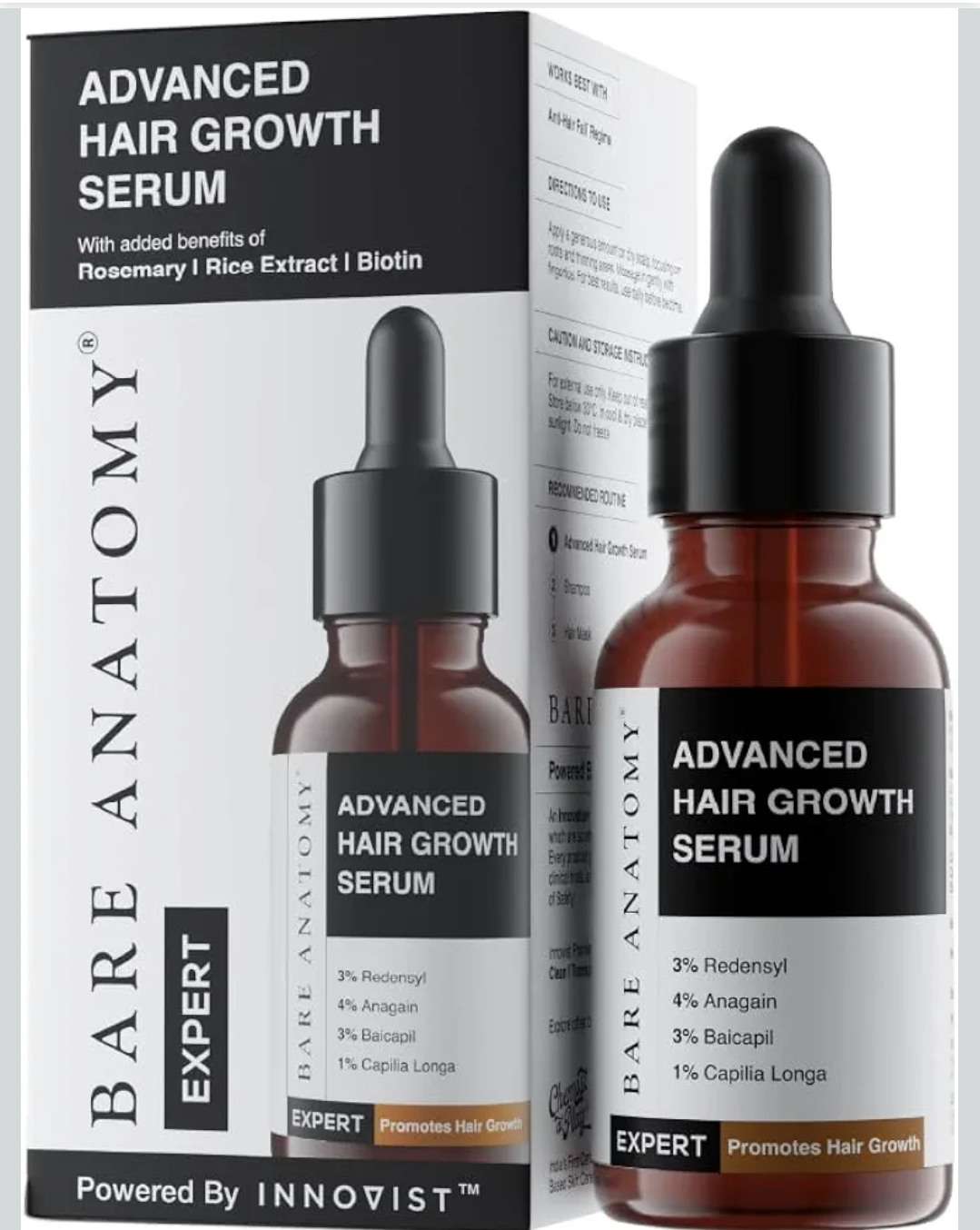 Bare Anatomy Advanced Hair Growth Serum | 3% Redensyl, 4% Anagain, 3% Baicapil, 1% Capilia Longa, Rosemary, Biotin & Rice Extract | Hairfall control & Hair Density | Women & Men | 30ml