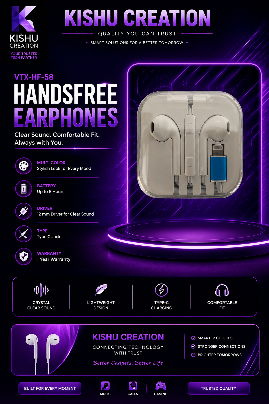 KISHU CREATION VTX-HF-58 Lightning Wired Handsfree Earphones | 12 mm Driver | HD Stereo Sound | Built-in Microphone | Multi Color